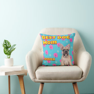 Fun Best Dog Mum Custom Photo Gift Light Blue Pink Cushion