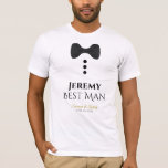 Fun Best Man Black Tie Wedding T-shirt<br><div class="desc">These fun t-shirts are designed as favours or gifts for your best man. The t-shirt is white and features an image of a black bow tie and three buttons. The text reads Best Man, and has a place to enter the his name as well as the wedding couple's name and...</div>
