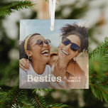 Fun Besties Photo & Name/s Keepsake Gift Glass Tree Decoration<br><div class="desc">Design is composed of fun white retro typography and your most favourite photo of your and your bestie! Makes a wonderful christmas gift for your best friend this holiday season.</div>