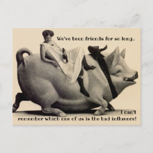 Fun BFF humour friendship laughs pig bottle woman  Postcard