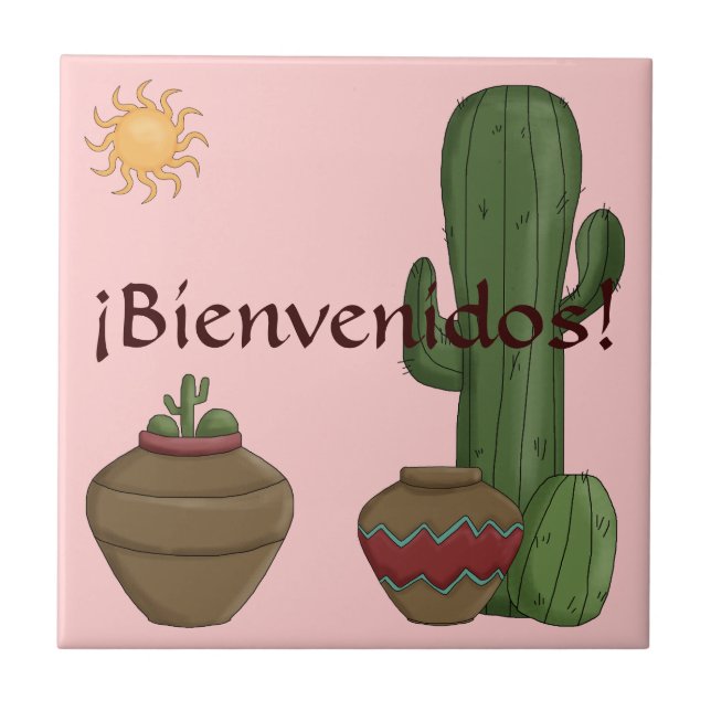 Fun Bienvenidos Desert Saguaro Sun Spanish Welcome Tile (Front)