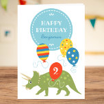 Fun Birthday Balloons Dinosaur Custom Name Age Card<br><div class="desc">Say "Happy Birthday" with this cute personalised greetings card,  featuring a Triceratops dinosaur and birthday balloons! Comes in a colourful palette of red,  green,  yellow,  blue and white,  with a fun freeform polka dot pattern inside. ♦ To add your custom name,  age and message,  click "Personalise this template".</div>