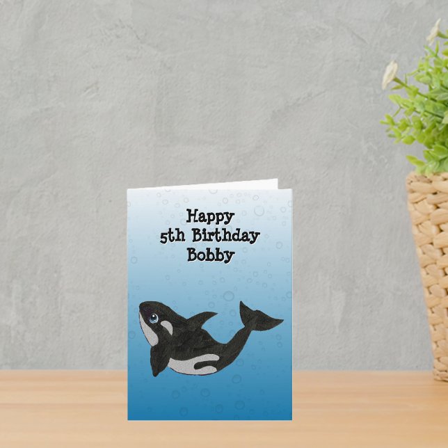 Fun Birthday Black White Killer Whale Blue Bubbles Card (Cute fun black white killer whale on shades of water blue with bubbles on kids Happy Birthday Card.)