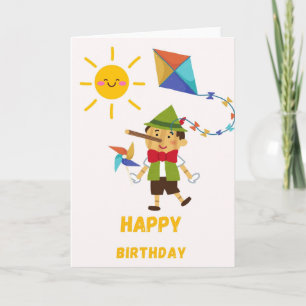Fun birthday card with Pinocchio, dragon &
