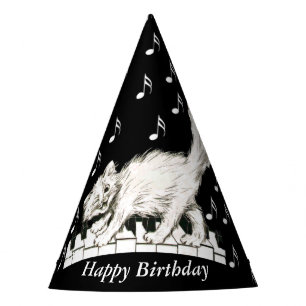 Fun Birthday Cat on Piano Keys Music Notes Party Hat