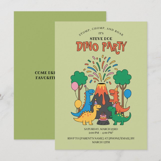 Fun Birthday Dino Party Dinosaur Invitation (Front/Back)