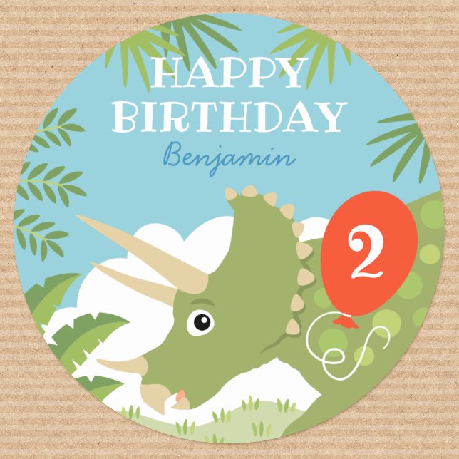 Fun Birthday Dinosaur Triceratops Custom Name Age Classic Round Sticker (Creator Uploaded)