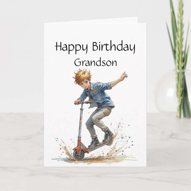 Fun Birthday Grandson  Boy on a Kick Scooter Sport Card (Front)