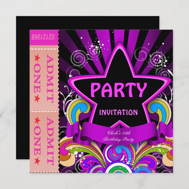Fun Birthday Party Girls Hot Pink Tickets 2 Invitation (Front/Back)