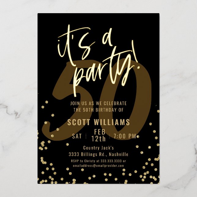 Fun Black 50th Birthday Real Gold Foil Invitation (Front)