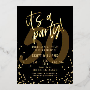 Fun Black 50th Birthday Real Gold Foil Invitation