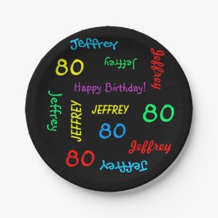 Fun Black, 80th Birthday Party, Repeating Names Paper Plate