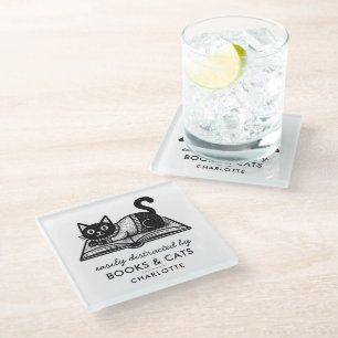 Fun Black and White Bookish Funny Black Cat Glass Coaster