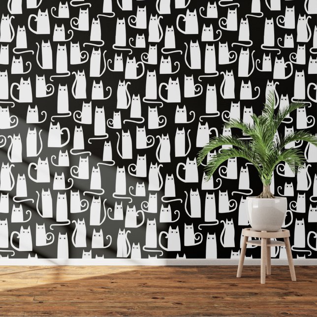 Fun Black and White Cat Pattern Wallpaper (White cats on a black background  art wallpaper)