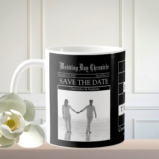 Fun Black and White Newspaper Save the Date Coffee Mug (Vintage Black Newspaper 1 Black and White Photo Modern Typography Save the Date Announcement)