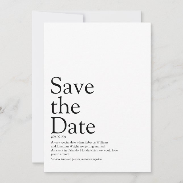 Fun Black and White Save the Date Definition  (Front)