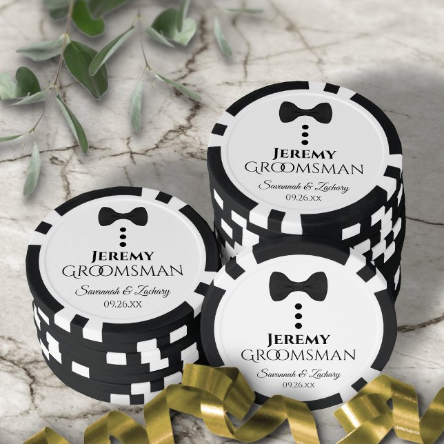 Fun Black Bow Tie & Buttons Groomsman Wedding Poker Chips (In Situ with Wedding Decor)