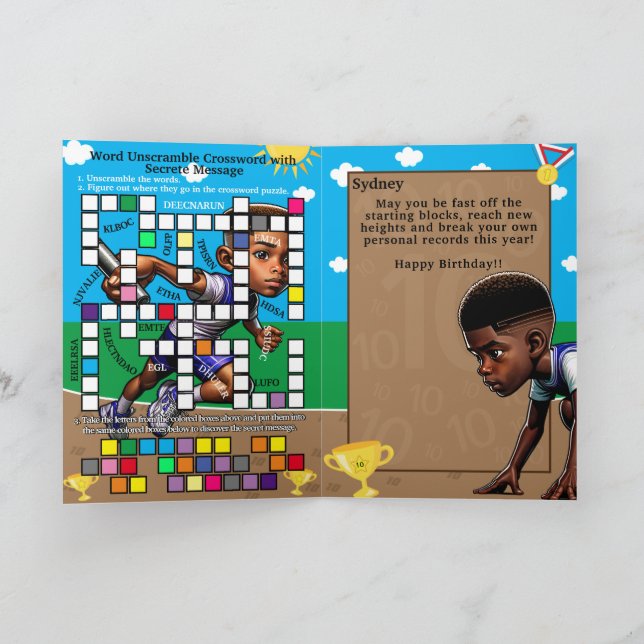 Fun Black Boys Track Star Secret Message Birthday Card (Inside)