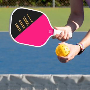 Fun Black Bright Pink Diagonal Colour Block Text Pickleball Paddle