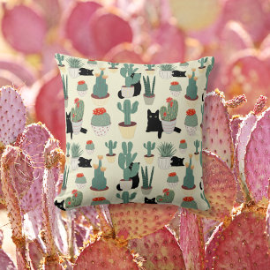 Fun Black Cat and Potted Cactus Botanical Floral  Cushion
