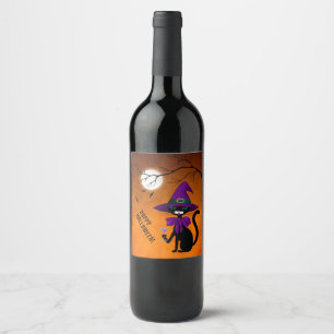 Fun Black Cat Drinking Wine Witch Hat Halloween Label
