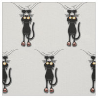 Fun Black Cat Falling Down Linen Fabric