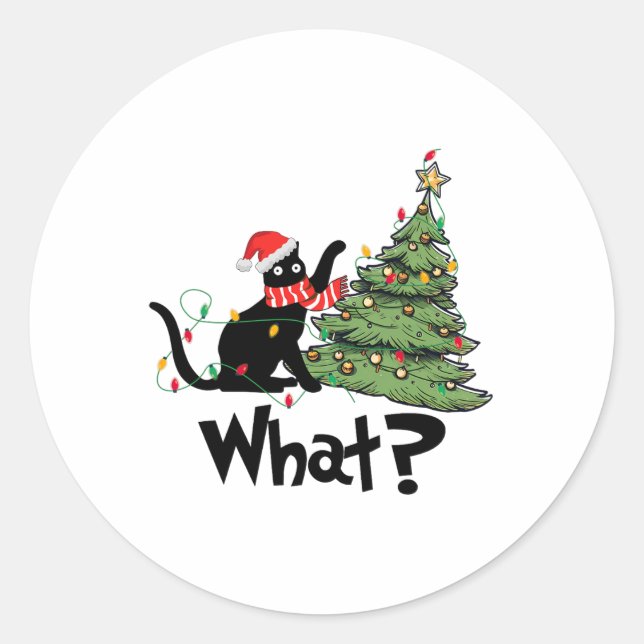 Fun Black Cat Gift Pushing Christmas Tree Over Cat Classic Round Sticker (Front)