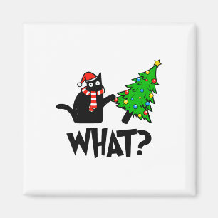 Fun Black Cat Gift Pushing Christmas Tree Over Cat Magnet