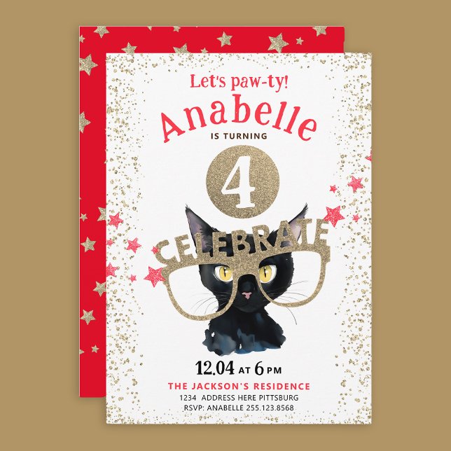 Fun Black Cat Gold Glitter Red Stars Watercolor Invitation (Creator Uploaded)