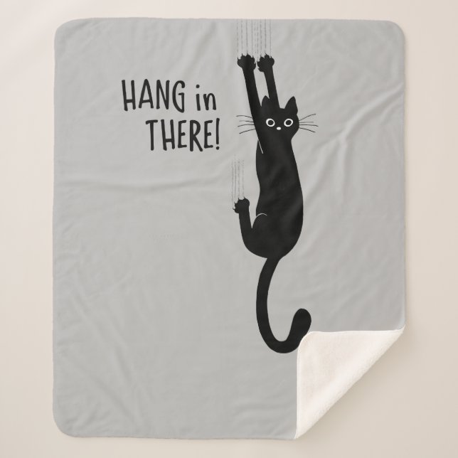 Fun Black Cat Hanging On - Hang in There! Humourou Sherpa Blanket (Front)