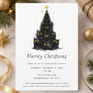 Fun Black Cat Meowy Christmas Tree Invitation