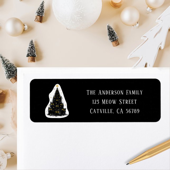 Fun Black Cat Meowy Christmas Tree Return Address (Creator Uploaded)