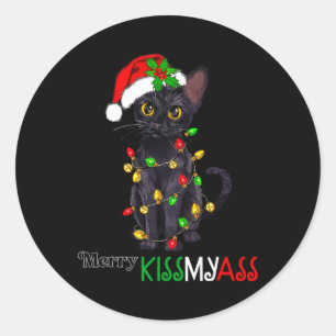 Fun Black Cat Merry Kissmy Xmas Pyjamas Chritsmas  Classic Round Sticker