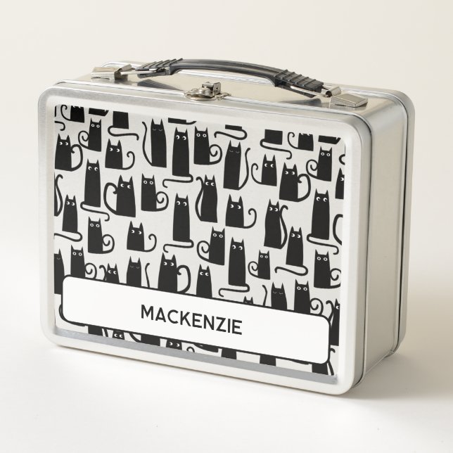 Fun Black Cat Personalised Custom Name Metal Lunch Box (Front)