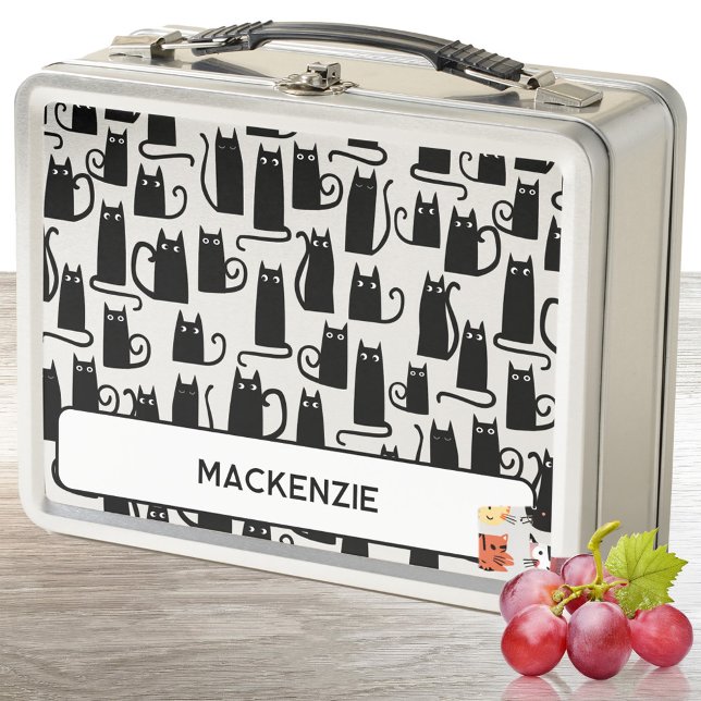 Fun Black Cat Personalised Custom Name Metal Lunch Box (Fun black kitty cat pattern personlized custom name metal lunch box)