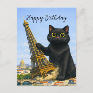 Fun Black Cat Topples Eiffel Tower Happy Birthday Postcard