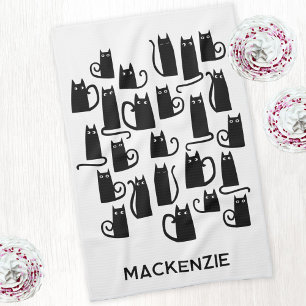 Fun Black Cats Personalised Name Tea Towel