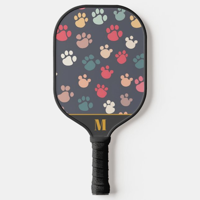 Fun Black Colourful Monogram Dog Paw Pattern  Pickleball Paddle (Front)
