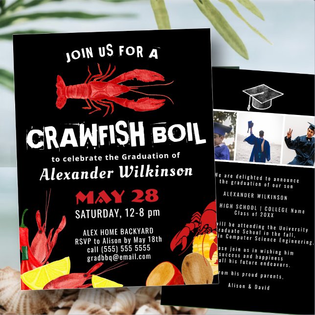 Fun Black Crawfish Boil 3 Photo Graduation Party  Invitation (Creator Uploaded)
