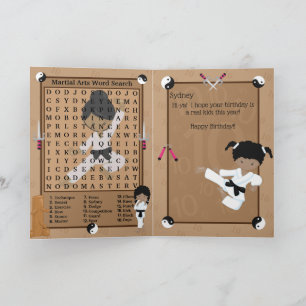 Fun Black Girls Karate Word Search Happy Birthday Card