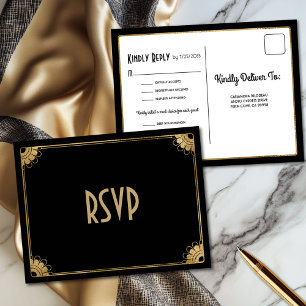 Fun Black Gold Art Deco Meal Options Wedding RSVP Postcard