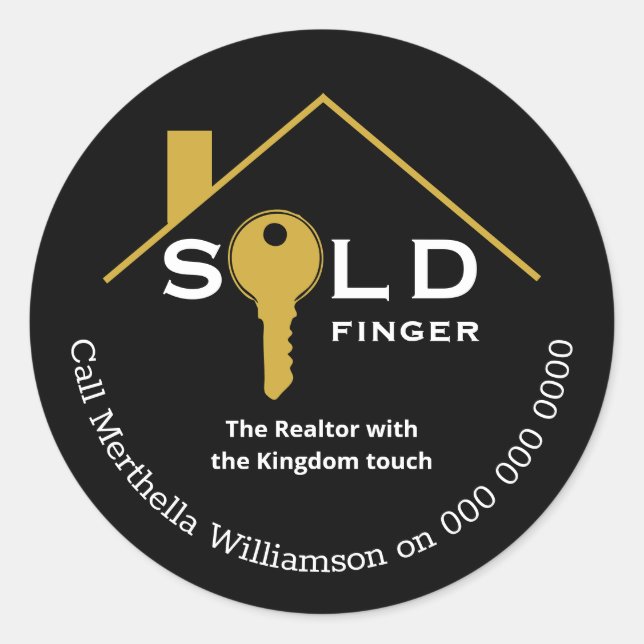 Fun Black Gold SOLD FINGER Real Estate Agent Classic Round Sticker (Front)