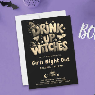 Fun Black Gold Witches Drink Monochrome Cocktail Invitation