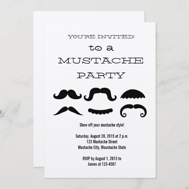 Fun Black Moustache Party Invitation (Front/Back)