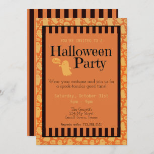 Fun Black Orange Ghost Cute Halloween Party Invitation