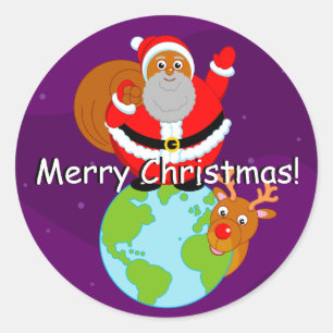 Fun black Santa Claus standing on the Earth, Classic Round Sticker
