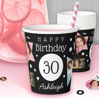 Fun Black White Confetti Photos 30th Birthday  Paper Cups