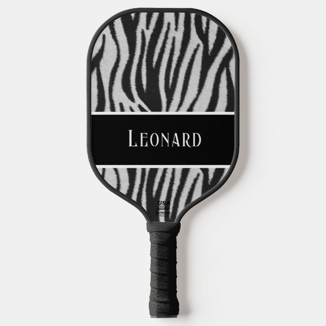 Fun Black & White Faux Zebra Pattern with Name Pickleball Paddle (Front)