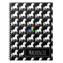 Fun Black &amp; White Unicorn Rainbow Personalised Notebook