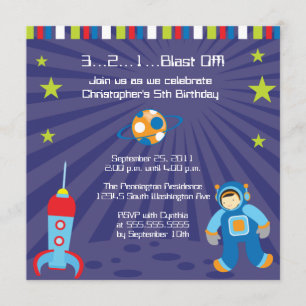 Fun blast off spaceship boys birthday party invite